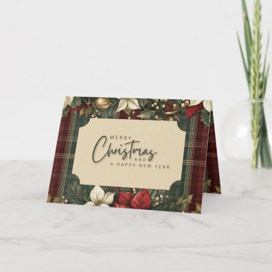 緑のエレガント格子模様の赤いポインセチアのメリークリスマス シーズンカード (正面)
