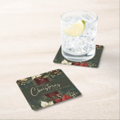 緑のエレガント格子模様の赤いポインセチアのメリークリスマス スクエアペーパーコースター (インサイチュ)