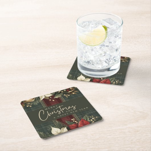 緑のエレガント格子模様の赤いポインセチアのメリークリスマス スクエアペーパーコースター (インサイチュ)