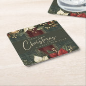 緑のエレガント格子模様の赤いポインセチアのメリークリスマス スクエアペーパーコースター (アングル)