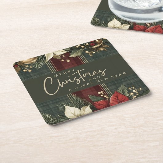 緑のエレガント格子模様の赤いポインセチアのメリークリスマス スクエアペーパーコースター (アングル)