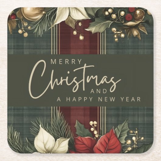 緑のエレガント格子模様の赤いポインセチアのメリークリスマス スクエアペーパーコースター (正面)