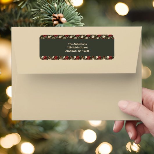 緑のエレガント格子模様の赤いポインセティアスのクリスマスラブ ラベル