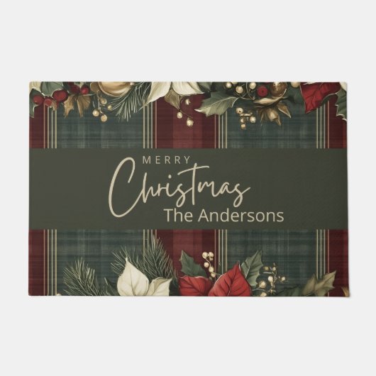 緑のエレガント格子縞の赤いポインセチア名クリスマス ドアマット (正面)