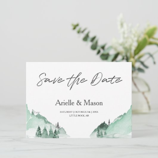 緑のエレガント森の山々の日付を保存 (スタンド正面)