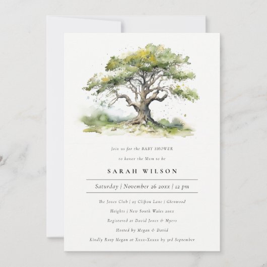 緑のエレガント水の色オークの木の赤ちゃんシャワー 招待状 (正面)