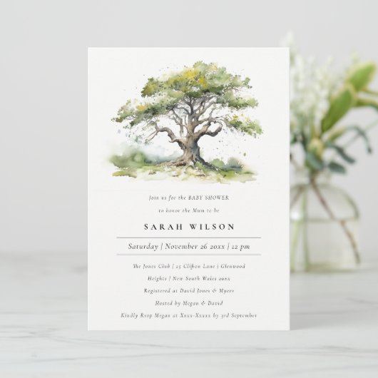 緑のエレガント水の色オークの木の赤ちゃんシャワー 招待状 (スタンド正面)