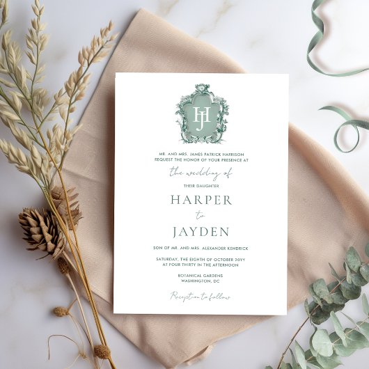 緑のエレガント水の色タイムレスモノグラム結婚ズ 招待状