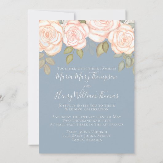 緑のエレガント水彩フローラほこりっぽい青 招待状 (正面)