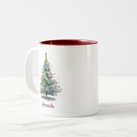 緑のエレガント水彩松の木クリスマス ツートーンマグカップ (正面左)
