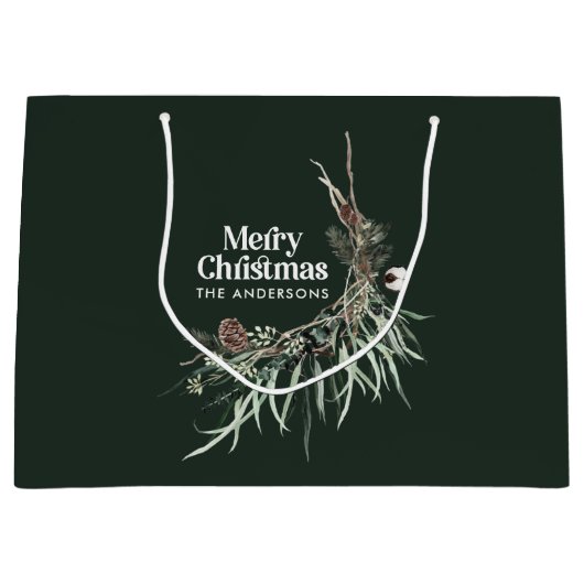 緑のエレガント水彩植物性クリスマス ラージペーパーバッグ (正面)