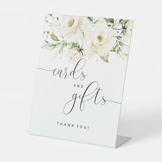 緑のエレガント白いバラのカードとギフト 台座サイン