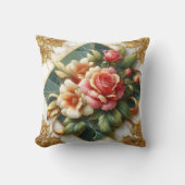緑のエレガント背景と金ゴールドトリムを持つバラ クッション (正面)