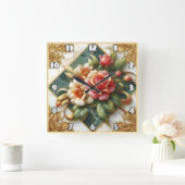 緑のエレガント背景と金ゴールドトリムを持つバラ スクエア壁時計 (ホーム)