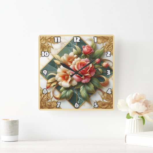 緑のエレガント背景と金ゴールドトリムを持つバラ スクエア壁時計 (ホーム)