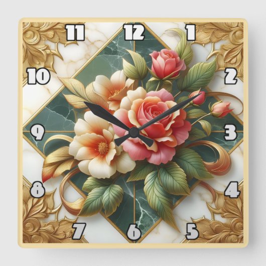緑のエレガント背景と金ゴールドトリムを持つバラ スクエア壁時計 (正面)