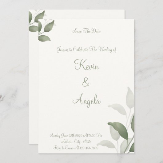 緑のエレガント花屋は日付の除草を保存 招待状 (正面/裏面)