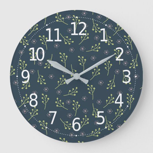 緑のエレガント葉のピンクのフローラDitsyパターン | ラージ壁時計 (正面)