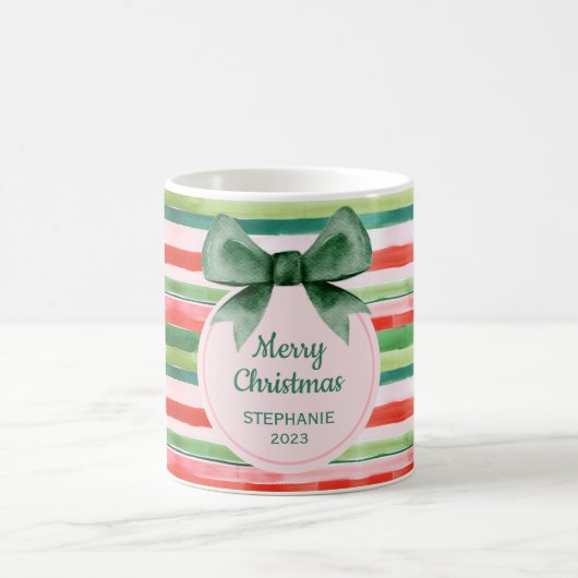 緑のエレガント赤いストライプリボンクリスマス コーヒーマグカップ (中央)