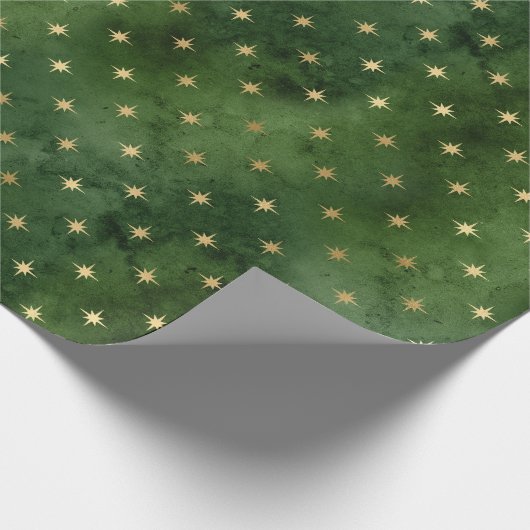 緑のエレガント金ゴールドクリスマスライトの星模様 ラッピングペーパー (角)