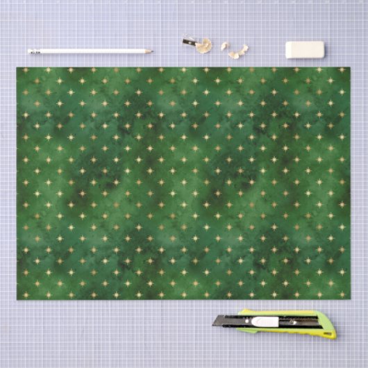 緑のエレガント金ゴールドクリスマスライトの星模様 薄葉紙 (クラフト)