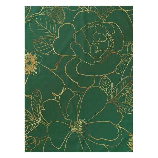 緑のエレガント金ゴールドバラフローララインスケッチ テーブルクロス (正面)