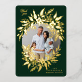 緑のエレガント金ゴールドリース写真メリークリスマス 箔シーズンカード (正面)