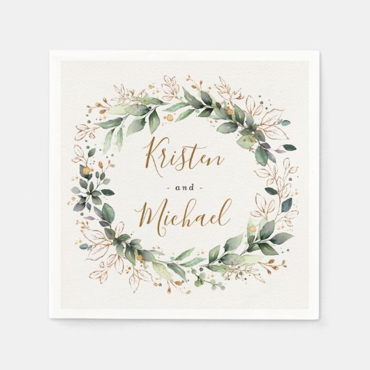 緑のエレガント金ゴールド水彩保葉結婚の スタンダードカクテルナプキン (正面)