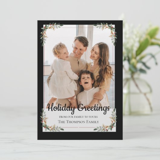 緑のエレガント離れのフレームクリスマスファミリーの写真 シーズンカード (スタンド正面)