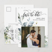 緑のエレガント離れのQRコード写真の日付の保存 案内ポストカード (正面/裏面)