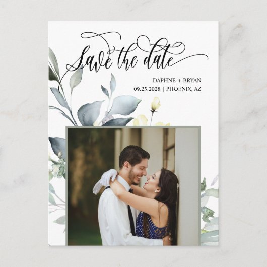 緑のエレガント離れのQRコード写真の日付の保存 案内ポストカード (正面)