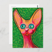 緑のオイルパステルに描かれた好奇心旺盛な幸せな毛のない猫 ポストカード (正面/裏面)