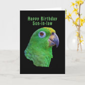 緑のオウム誕生日グリーティングカード、義理の息子 カード (黄色い花)
