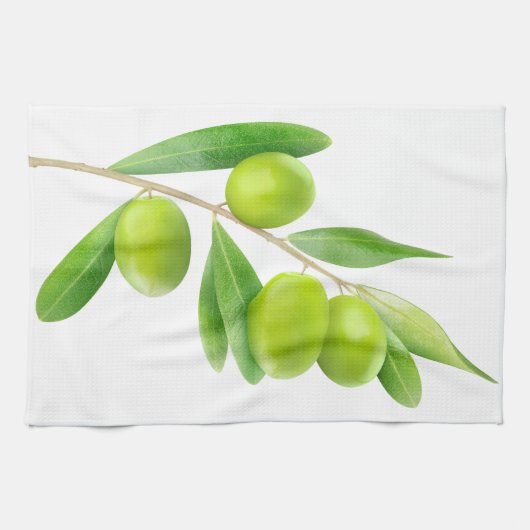 緑のオリーブのある枝 キッチンタオル (横)