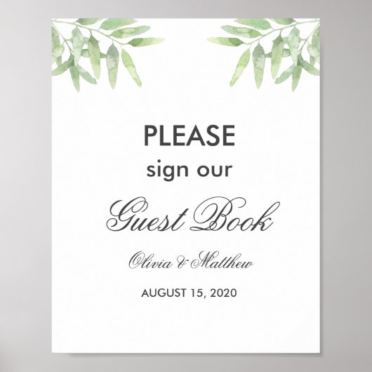 緑のオリーブの枝。ゲストブック結婚のサイン ポスター (正面)