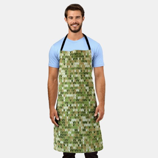 緑のオリーブカラーの美しいおばあちゃんニット模様 エプロン (着用した状態)