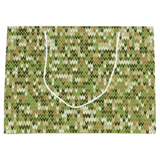 緑のオリーブカラーの美しいおばあちゃんニット模様 ラージペーパーバッグ (正面)