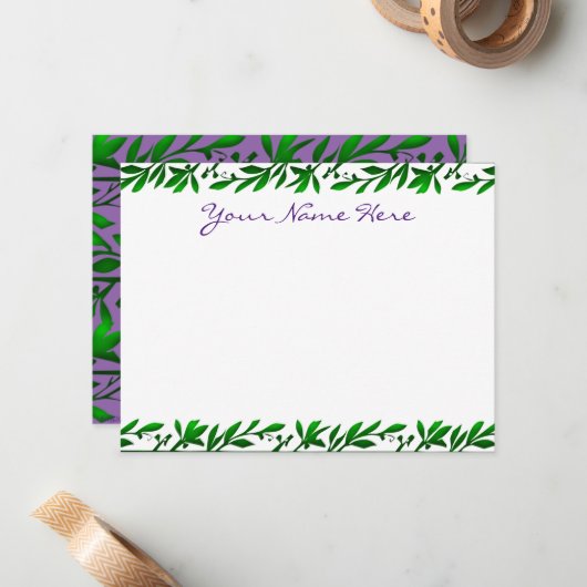 緑のオリーブ葉の編集可能な紫色のスクリプト ノートカード (正面/裏面インサイチュ)