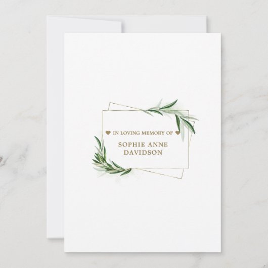 緑のオリーブ葉の葬儀メモリアル 招待状 (裏面)