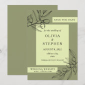 緑のオリーブ葉。ボタニエレガントッ結婚クス セーブザデート (正面/裏面)