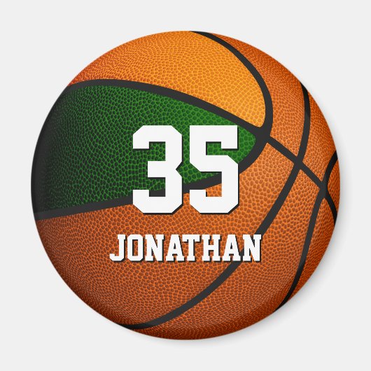 緑のオレンジ色のチームカラーズ男の子バスケットボール マグネット (正面)