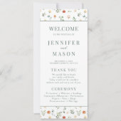 緑のオレンジ色のフローラ素朴なウェディングプログラムカード (正面)