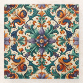 緑のオレンジ色の紫のポルトガルのアズレヨスのタイル芸術 ガラスコースター (正面)