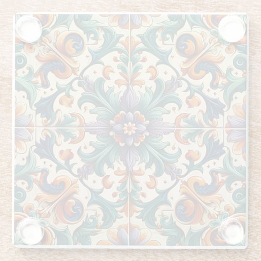 緑のオレンジ色の紫のポルトガルのアズレヨスのタイル芸術 ガラスコースター (裏面)