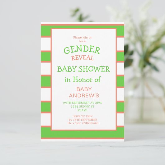 緑のオレンジ色の赤ストライプのちゃんシャワーを性別で明らかにする 招待状 (スタンド正面)