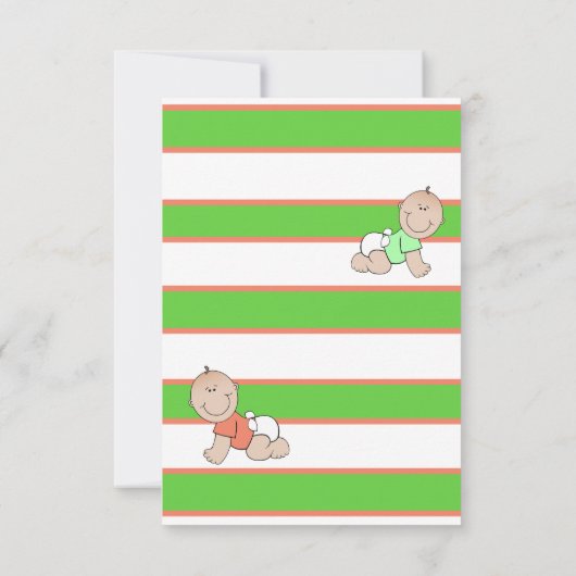 緑のオレンジ色の赤ストライプのちゃんシャワーを性別で明らかにする 招待状 (裏面)