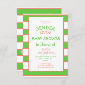 緑のオレンジ色の赤ストライプのちゃんシャワーを性別で明らかにする 招待状 (正面/裏面)