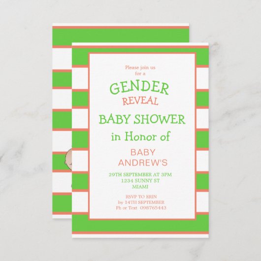 緑のオレンジ色の赤ストライプのちゃんシャワーを性別で明らかにする 招待状 (正面/裏面)