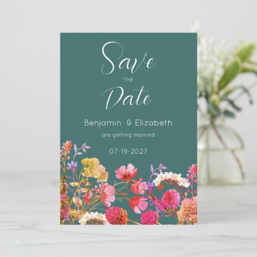 緑のオレンジ色の黄色のフローラを保存する日付 招待状 (スタンド正面)