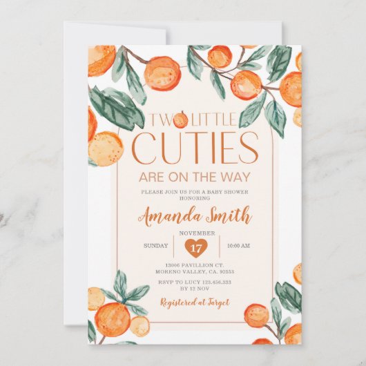 緑のオレンジ2つの小さなかわいこちゃんが途中にある 招待状 (正面)